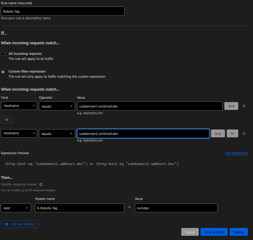 How to target specific subdomains with response header